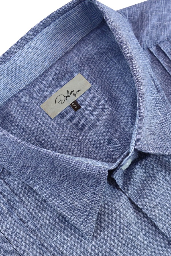 Guayamisa Manga Corta Azul Plúmbago Con Alforza Textura Lino Hombre